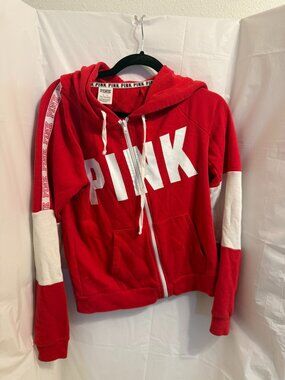 VS PINK Red White Logo Full Zip Hoodie Sweatshirt M
